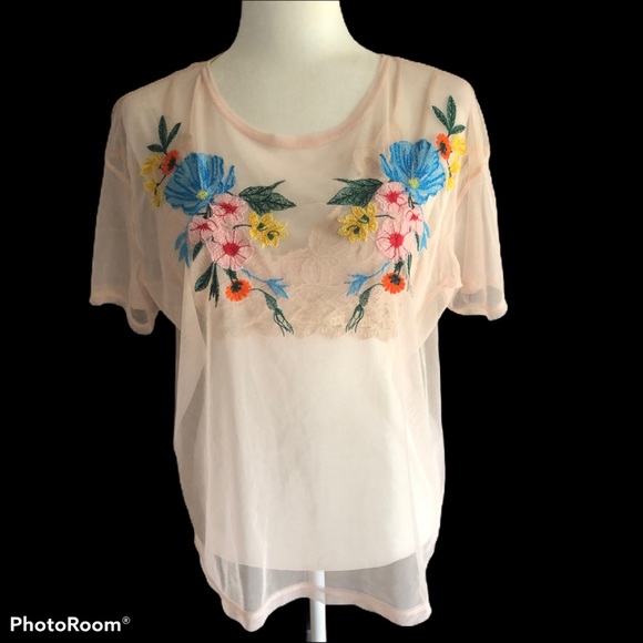 ZARA SHEER EMBROIDERED BLUSH BOXY TSHIRT - Picture 3 of 6